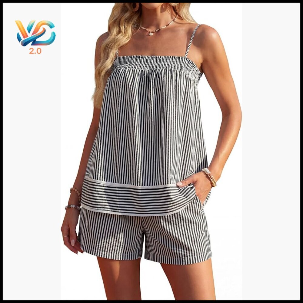 Women's 2-Piece Lounge Set, Peplum Camisole & Wide-Leg Shorts, Polyester Spandex